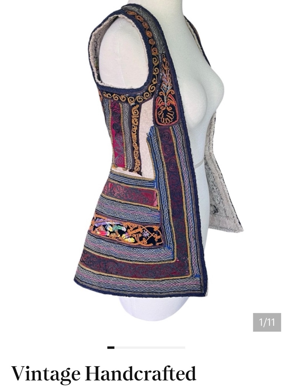 Vintage Handcrafted Embroidered Ethnic Wool Vest — Navy, Cream, Multicolor